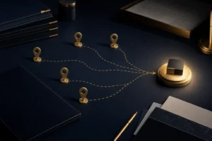 設計顧問在桌上以評審標準矩陣評估多件作品，排定年度設計獎送件優先順序