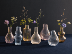 七件淡色玻璃花器系列編輯型示意圖，非 Orrefors Midsummer 官方產品照片